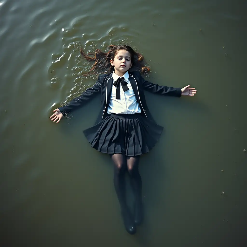 A young schoolgirl in a school uniform, in a skirt, jacket, blouse, dark tights, high-heeled shoes. She is swimming in a dirty pond, lying underwater, all her clothes are completely wet, wet clothes stick to her body, the whole body is underwater, submerged in water, under the surface of the water, below the water's edge.