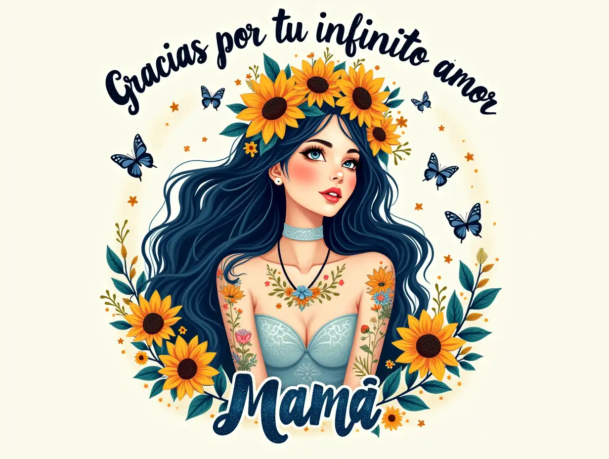 Vector, vintage, seamless design. A striking illustration featuring a woman with long, flowing hair adorned with a crown of blue and orange sunflowers. The scene has a whimsical, artistic feel, blending elements of hyperrealism and graphic design. The background is a soft white, allowing the vibrant colors of the sunflowers and her accessories to pop. The woman has an ethereal expression, complemented by intricate floral tattoos on her arms. Surrounding her are delicate butterflies and sparkling elements, with a glittery overlay in shades of blue and silver. The phrase 'Gracias por tu infinito amor Mamá' is prominently displayed in a bold, stylized font, adding a personal touch to the composition. The overall color palette features warm yellows, deep blues, and shimmering accents, creating a harmonious and emotional visual narrative.