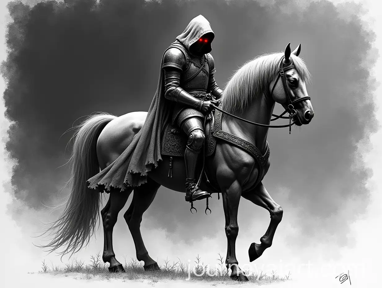 Lone-Knight-in-Worn-Armor-with-GlAI-Image-Prompt-Expansionowing-Eyes-on-Majestic-Horse