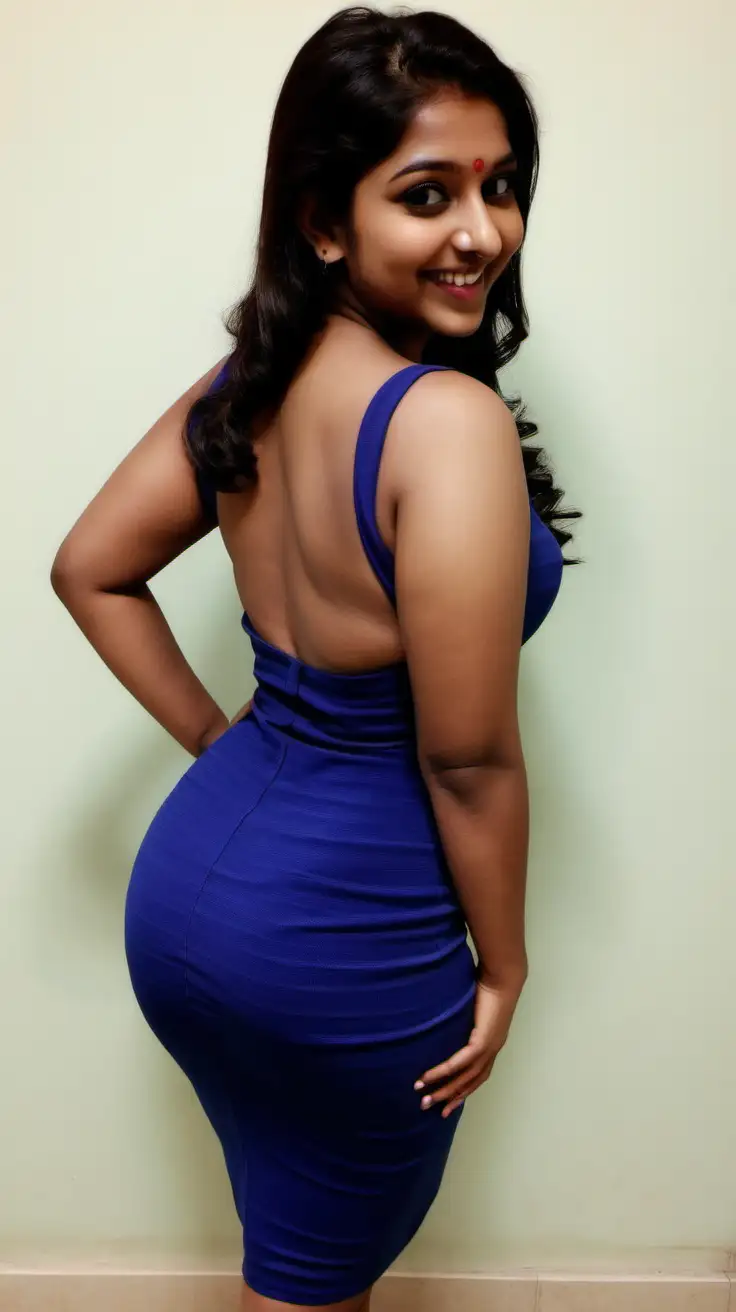 Smiling-Busty-Indian-Girl-in-Bodycon-Dress-Back-Pose