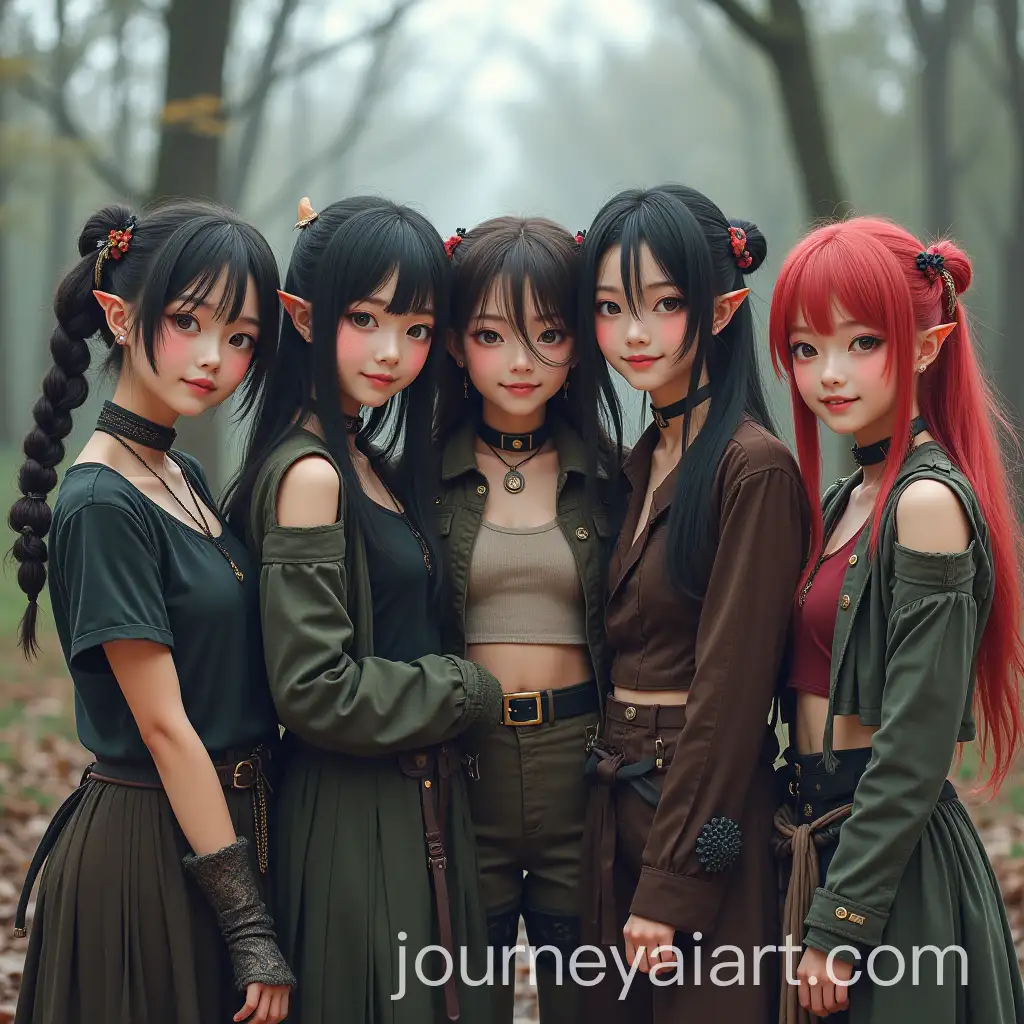 Six-Asian-Girls-in-Apocalyptic-Fashion-with-Elf-Ears-Smiling-in-a-PostApocalyptic-World