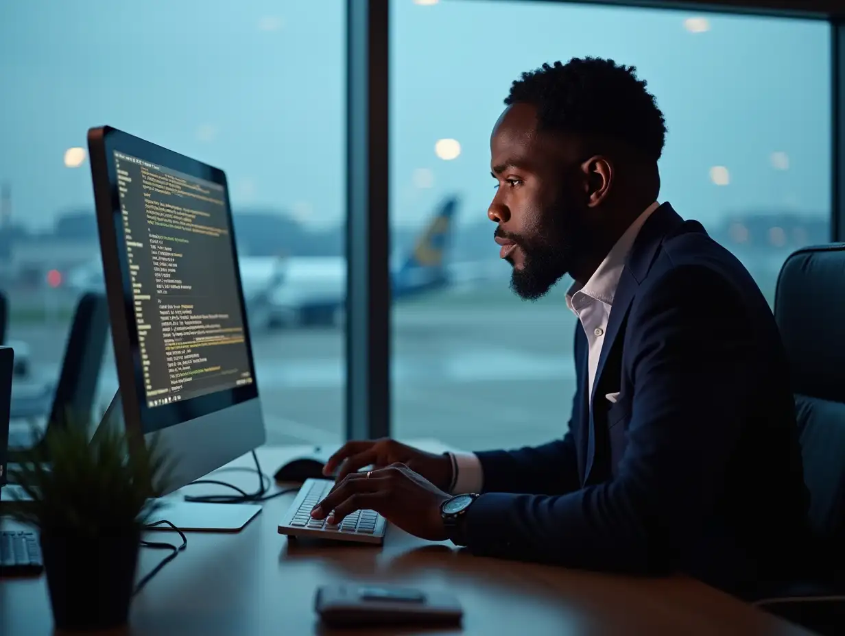 Image of Desmond Macaulay, a cyber security expert working on his computer in Hithrow airport, UK