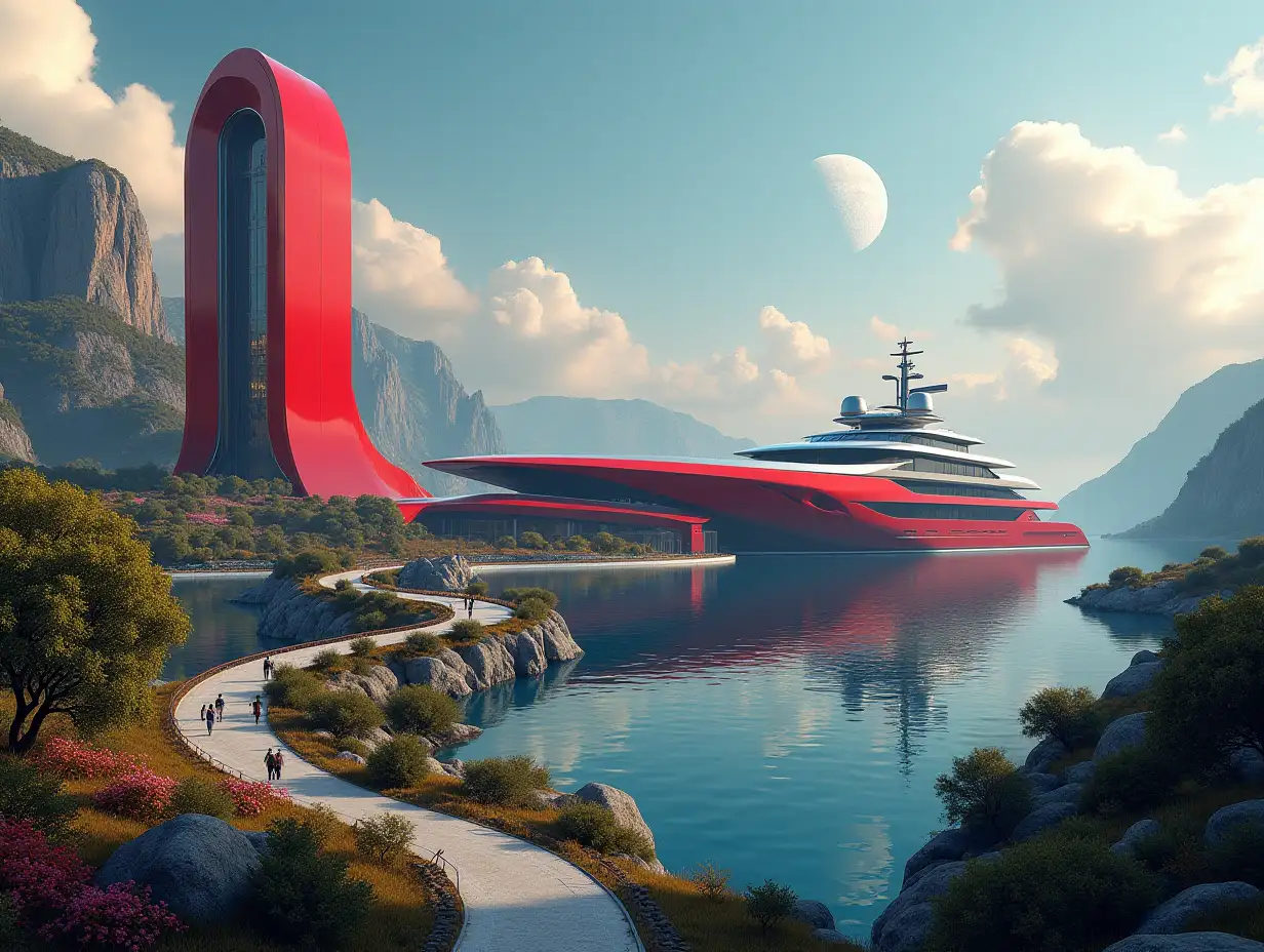 Create a high-resolution realistic image in 4k resolution, a futureistic red building with silver architecture, curved high pillars, a valley with large trees, rocks, flowers, a futuristic very large yacht with glass deck, cloudy sky with moon