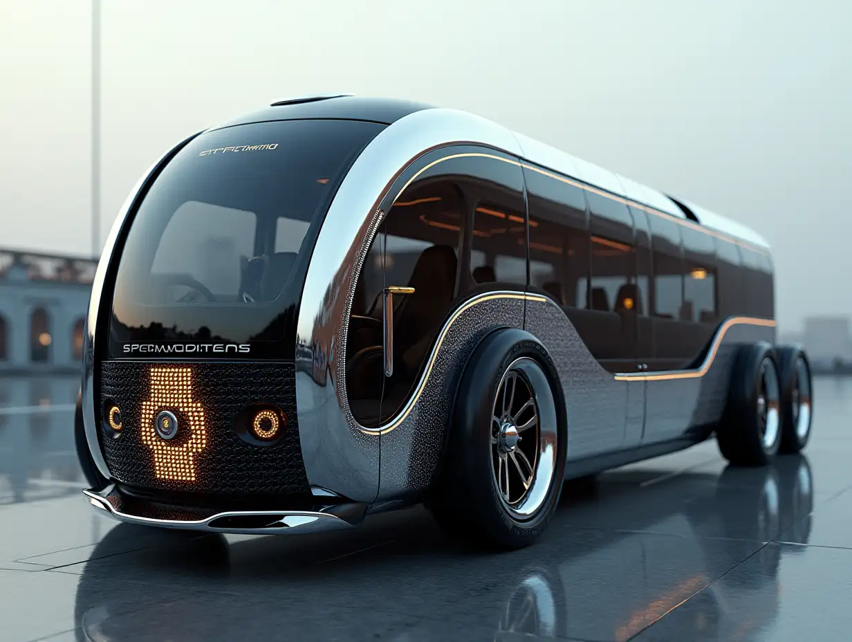 A supermodern utopian sportomnibus with gears, aluminum wheels, wide tires, black and white ,and silver colors,utopian, silver-black striped, chrome-wheels, Cyberpunk