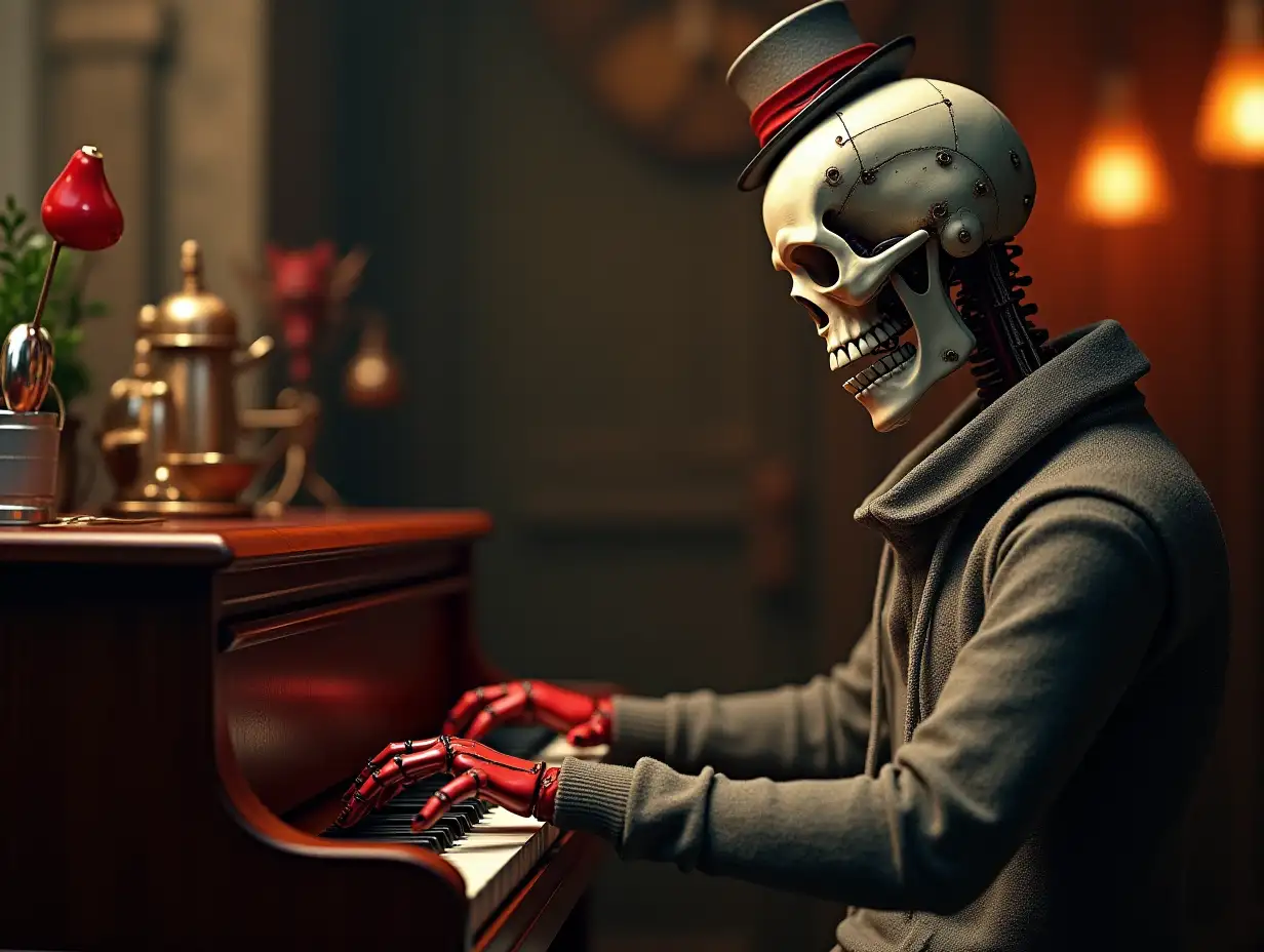 Create a high-resolution, realistic image of a robot, who is playing a piano with a skeleton body, red porcelain hands and head, a sweater, a Steampunk top hat in 4K resolution (Steampunk 8K quality)