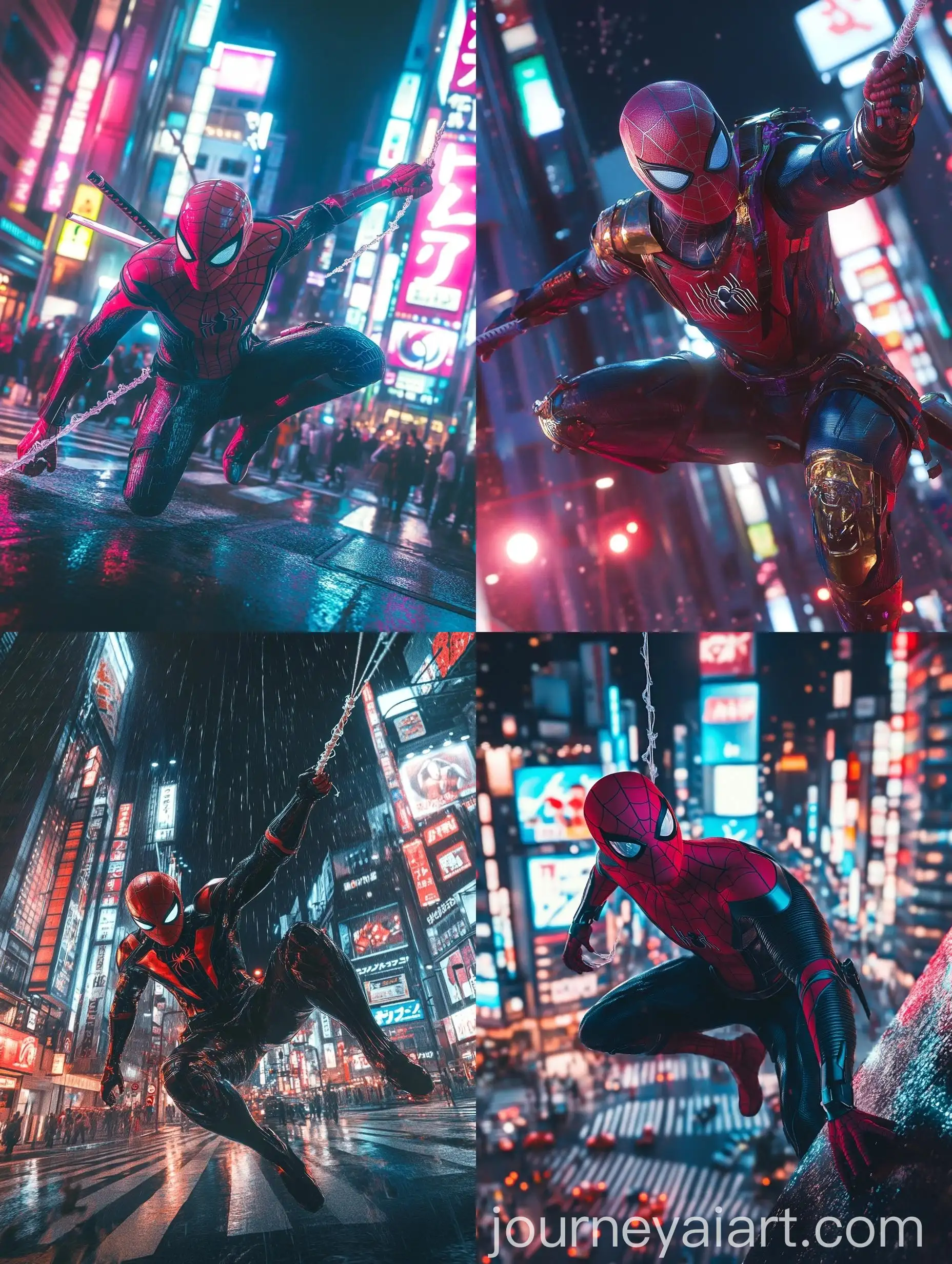 Futuristic-Samurai-SpiderMan-Swinging-Over-Shibuya-Crossing-at-Night