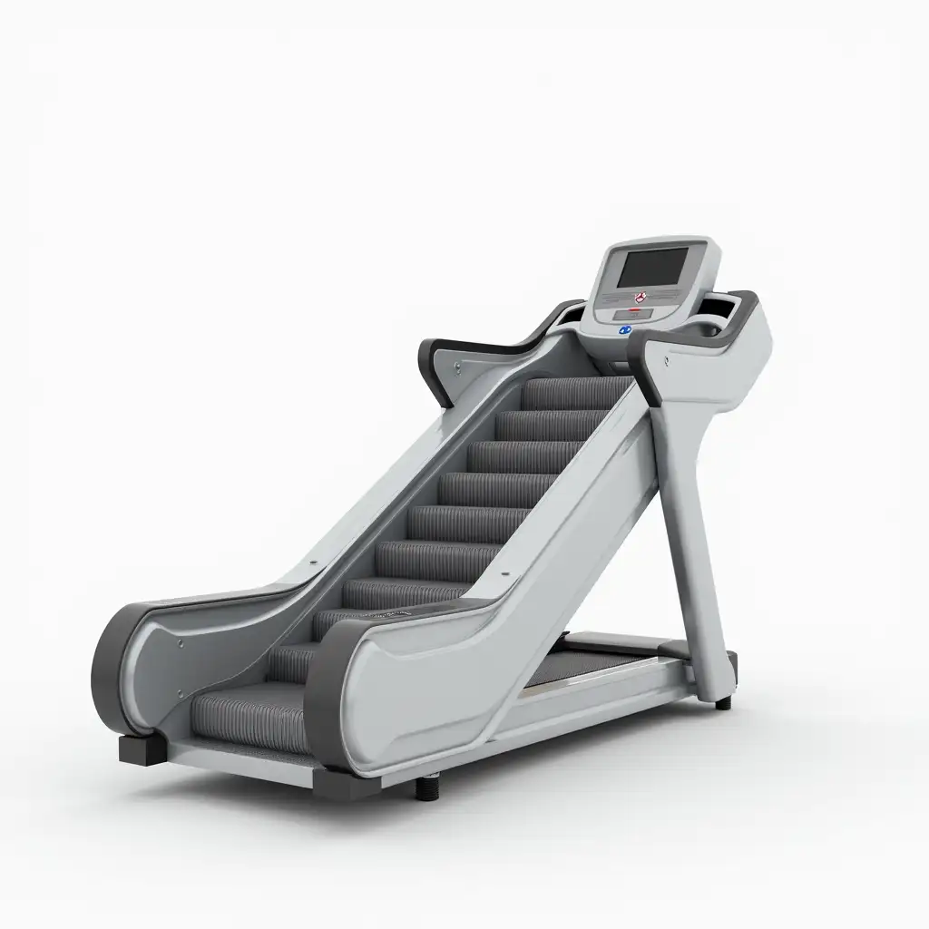 Create a hyper-realistic treadmill where the surface consists of escalator stairs instead of a traditional running belt. The escalator stairs are seamlessly integrated into the treadmill, each step detailed and realistic, with the usual features of a treadmill, such as the handle bars, screen, and control panel at the top. The background is white, with soft, even lighting to emphasize the unique design and smooth transition between the escalator steps and treadmill structure.