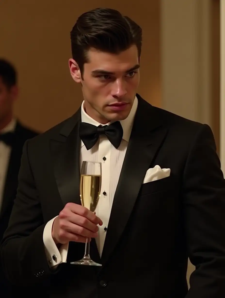 20 YEARS OLD, YOUNG MAN, NO FOREHEAD LINES, make him manly and really uniquely extremely handsome, fair skin, dark hair, light hazel eyes, Mafia, mafia outfit, His physique is BUFF and thick body but not fat, looks like joaquin correa, Holding a champagne glass, background is blurry but he is in a ballroom