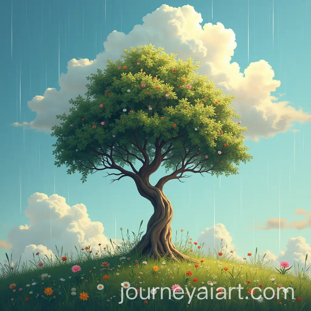 Tranquil-Nature-Scene-with-Tree-Flowers-Cloud-and-Rain