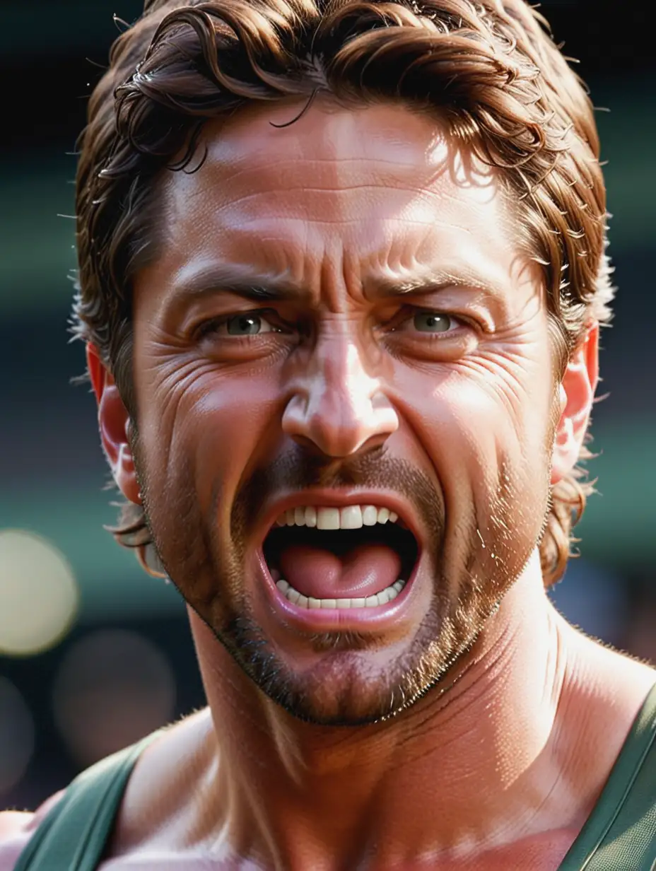 Gerard Butler, anger, standing alone, screaming, closeup portrait photo, --ar 2:3 , Low Angle
