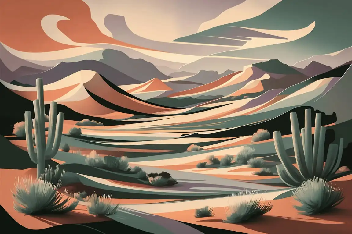 Abstract Midcentury Modern Western Landscape in Soft Pastel Colors