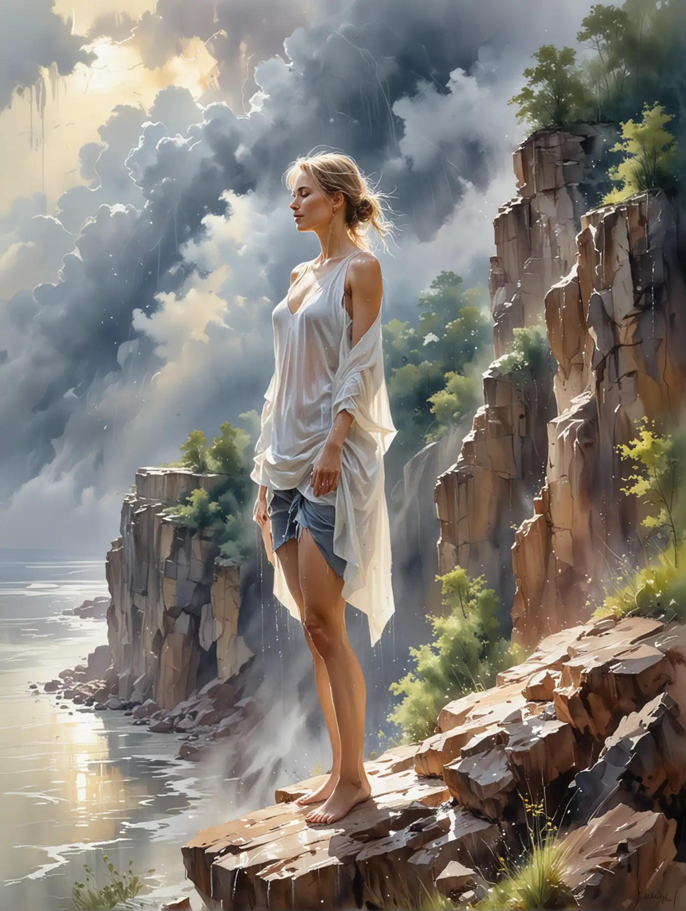 a watercolor painting in the style of Willem Haenraets with consideration for the features of the construction of an anorexic soft body relative to the specified age: a magnificent 45-year-old Russian woman enjoying heavy rain standing in dynamic pose self-caressing happy and wet on the edge cliff over river on the forest edge, thunder lightning sun beam through clouds