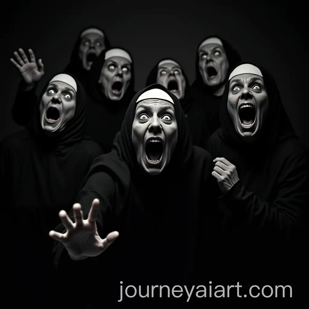 Surreal-Black-and-White-Portrait-of-Elderly-Women-in-Nunlike-Robes-with-Silent-Screams