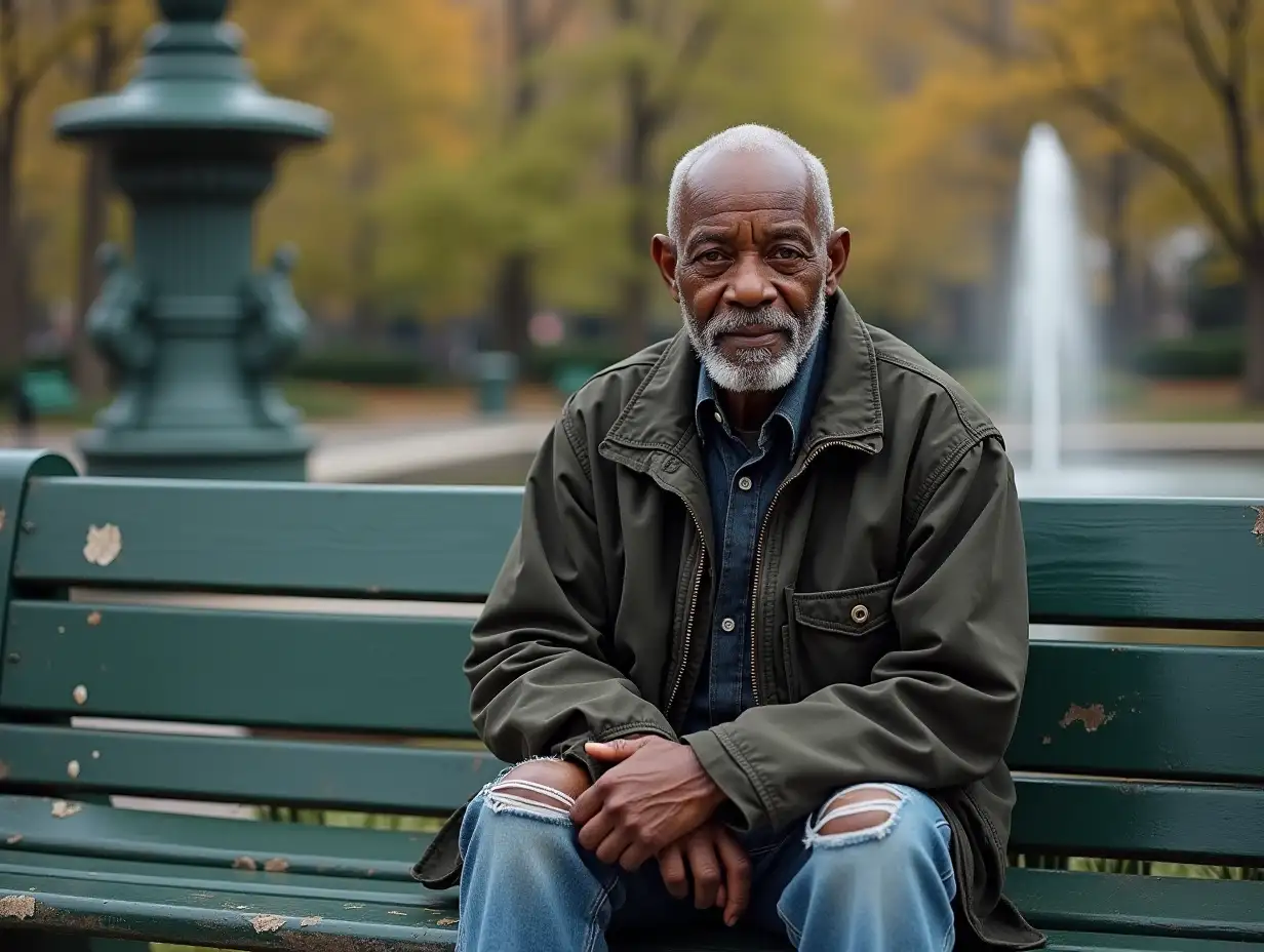 A homeless black man named Samuel L. Jackson, a bald African-American man in his 70s with no beard and deep, expressive eyes. His face has strong, defined features, including a broad forehead, high cheekbones, and an authoritative expression, especially when wearing an old jacket and torn jeans, sitting on a green wooden bench near a fountain in Central Park on a quiet afternoon. Looking straight at the photo