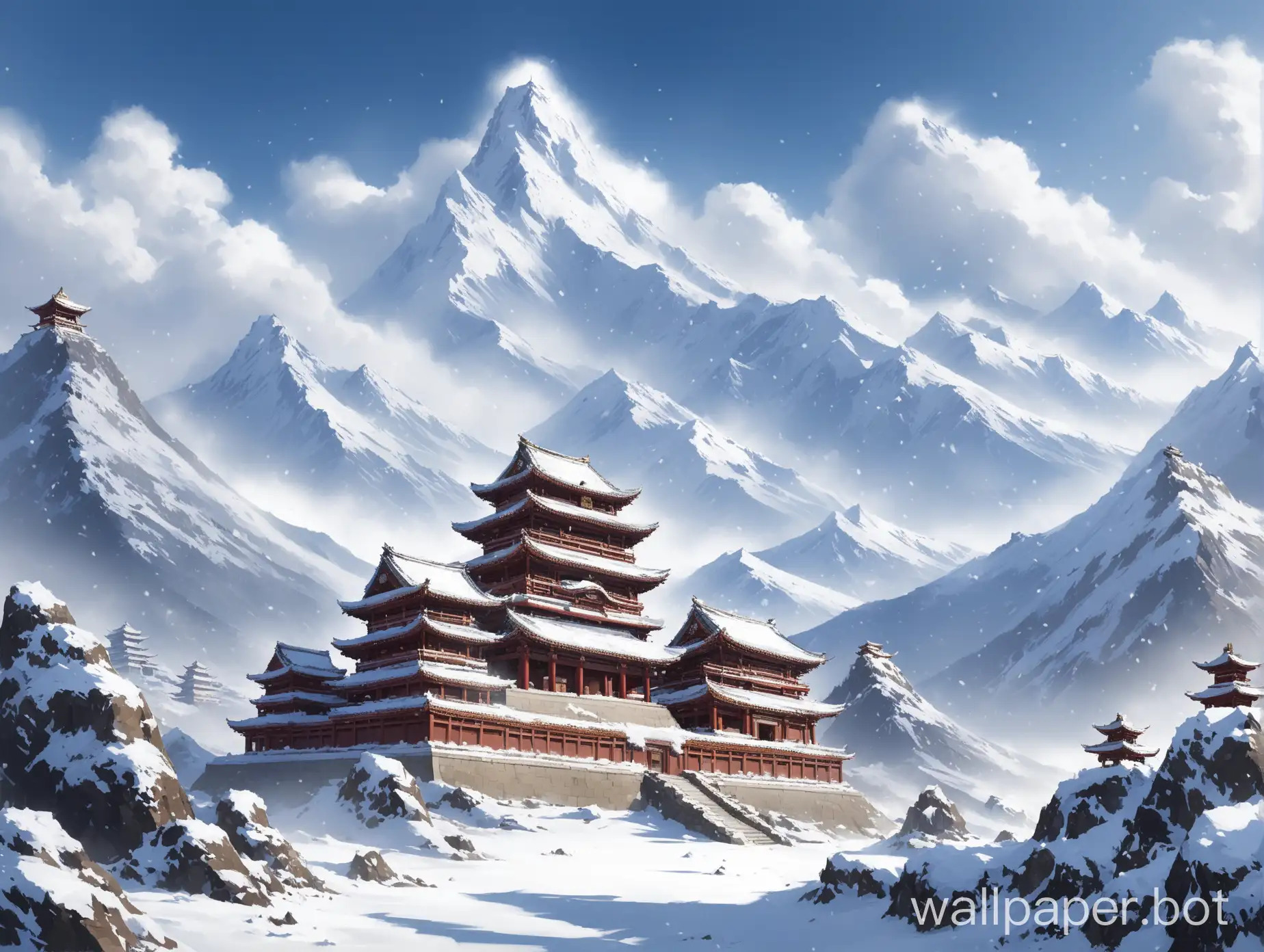 Mountains with snow, large wind, a temple on the mountain