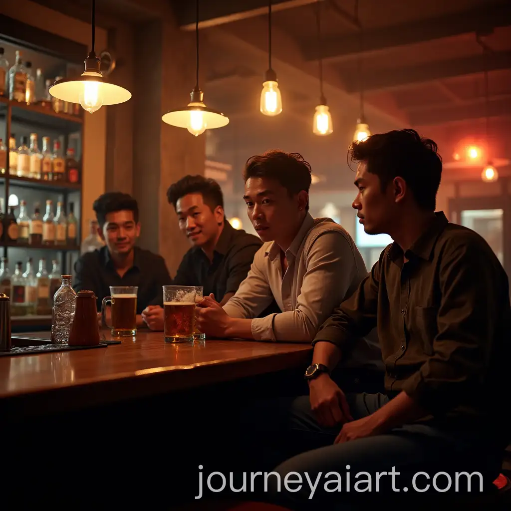 Four-Asian-Men-Sitting-at-Bar-Counter-in-Pub