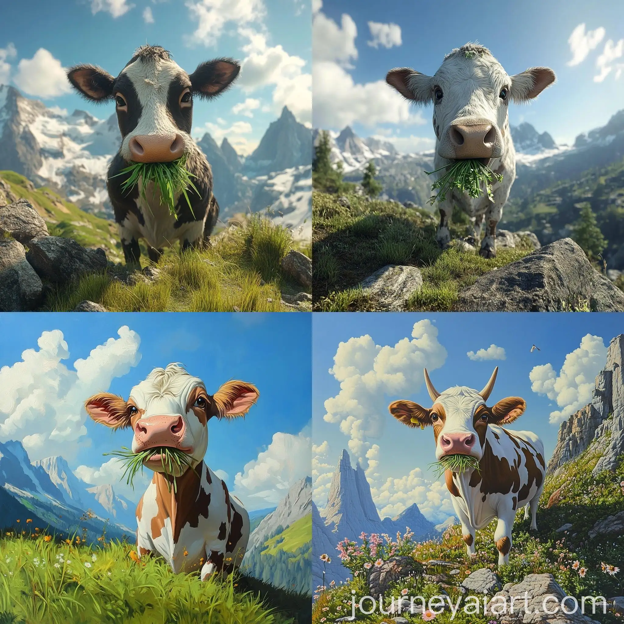 Anthropomorphic-Cow-Grazing-on-Sunny-Mountain-Day