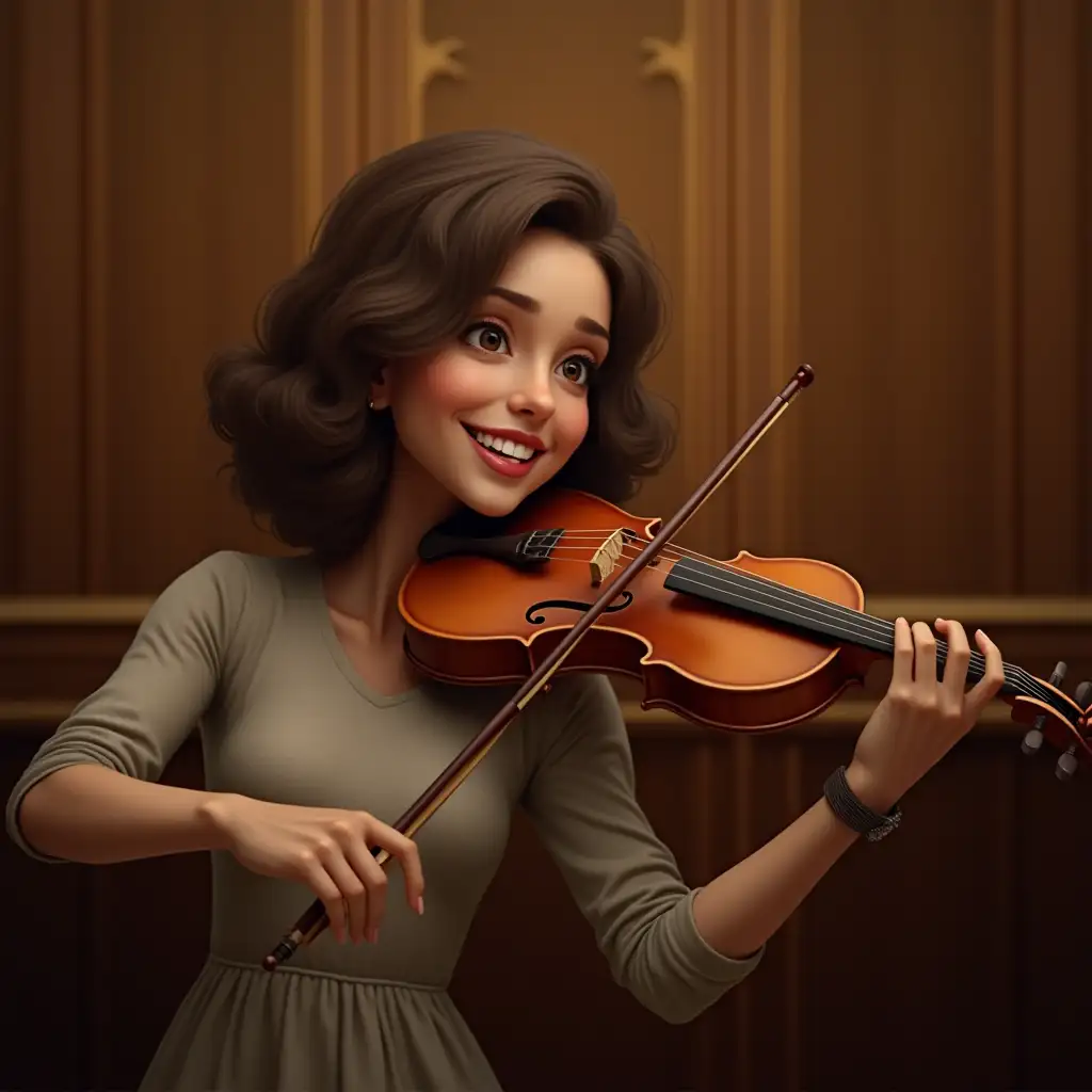 Image of a hyperrealistic, friendly looking woman, who happily plays the violin in the concert hall background