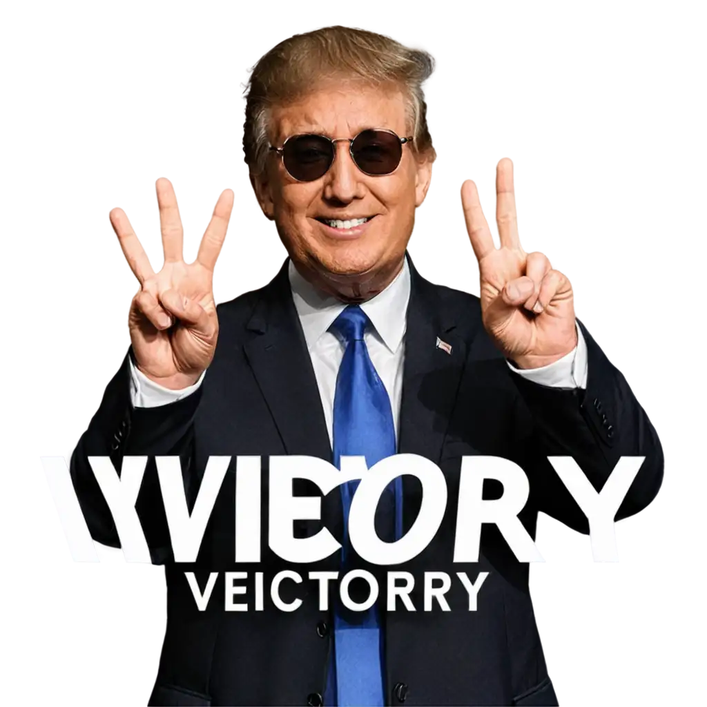 president trump with sunglasses with one hand showing the peace sign in a black and white silhouette artistic style. put the black colored word “VICTORY” in the background behind him