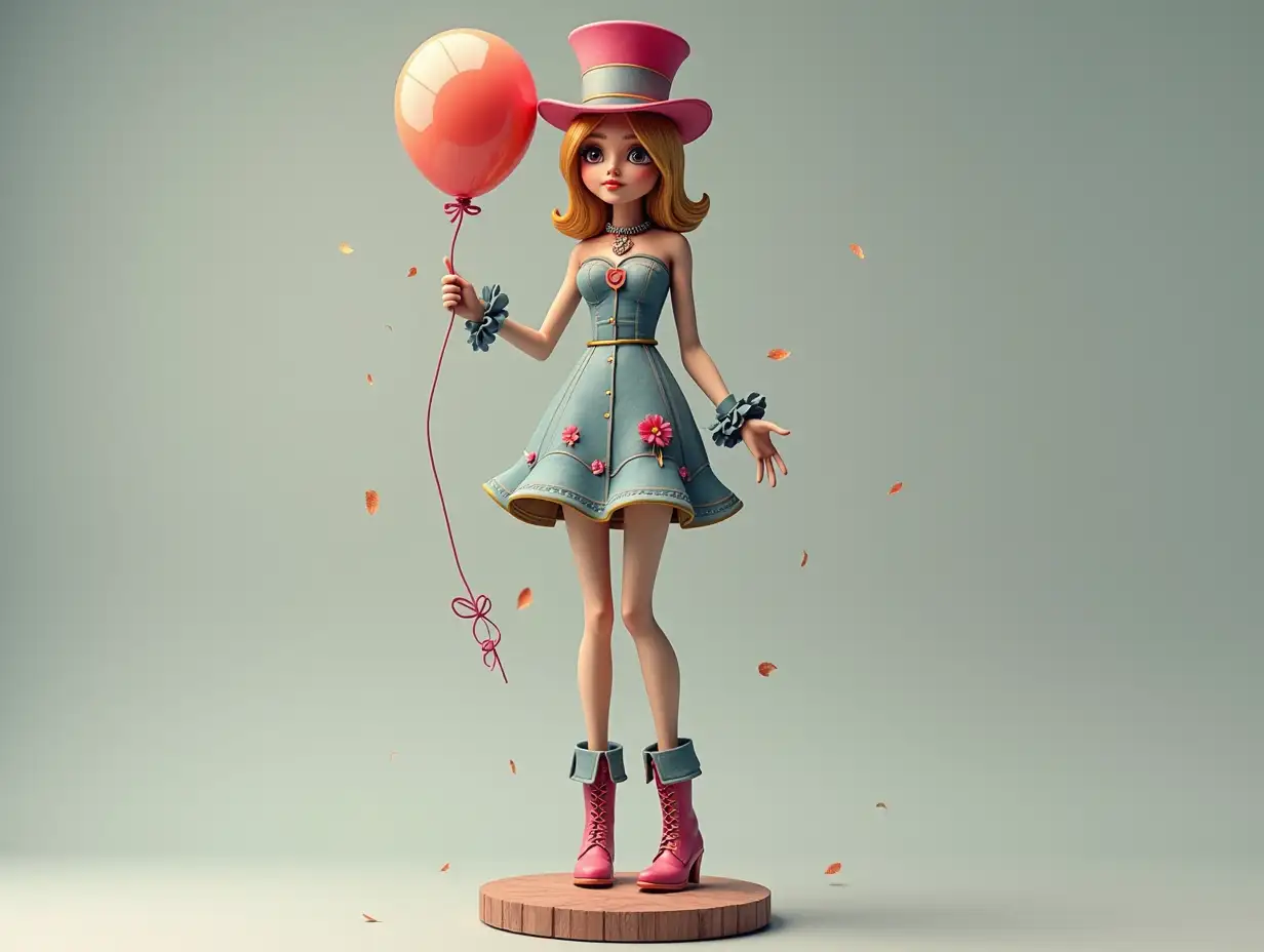 a very long 3-D female figure with very thin legs and very long thin arms with top hat and boots and wearing jewelry.and has a balloon in her hand 4K resolution Colorful