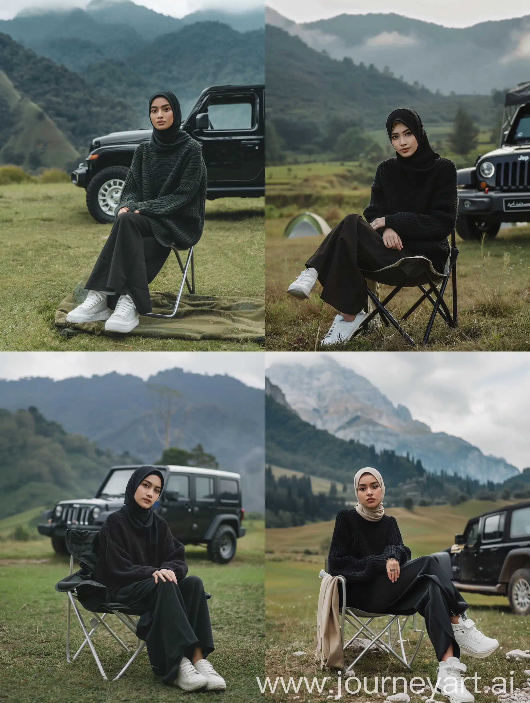 Indonesian-Hijab-Woman-Sitting-by-Black-Jeep-in-Mountainous-Landscape