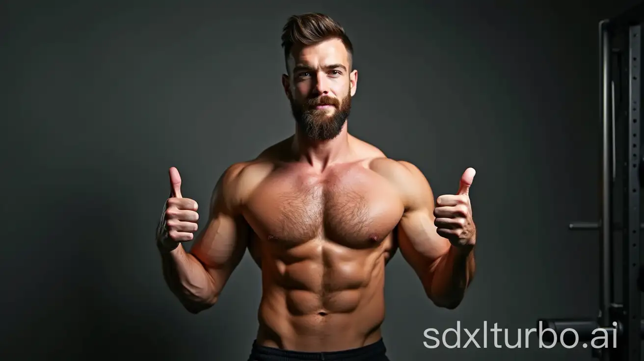 gym guy shirtless with thumbs up and a beard