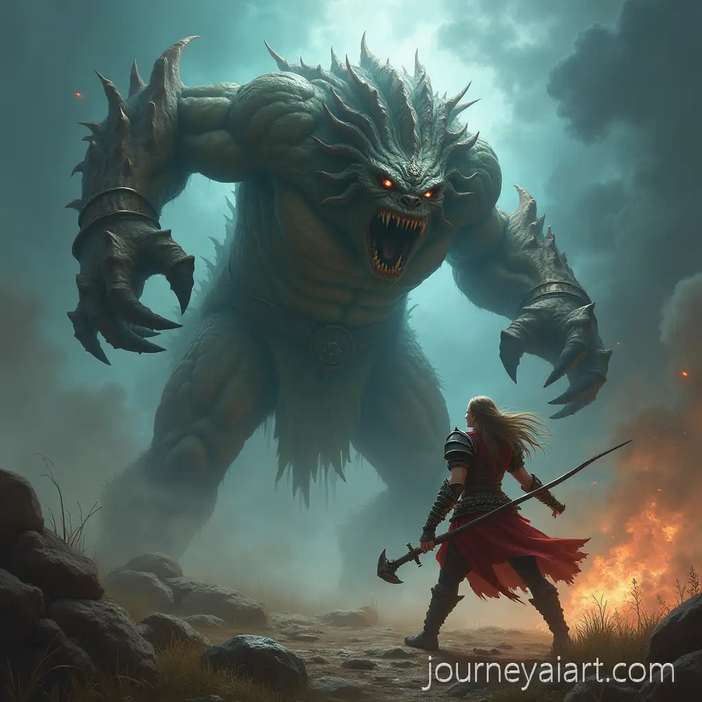 Female-BarbarianAI-Art-Prompt-Expansion-Battling-Beholder-Monster-in-a-Stormy-Battlefield