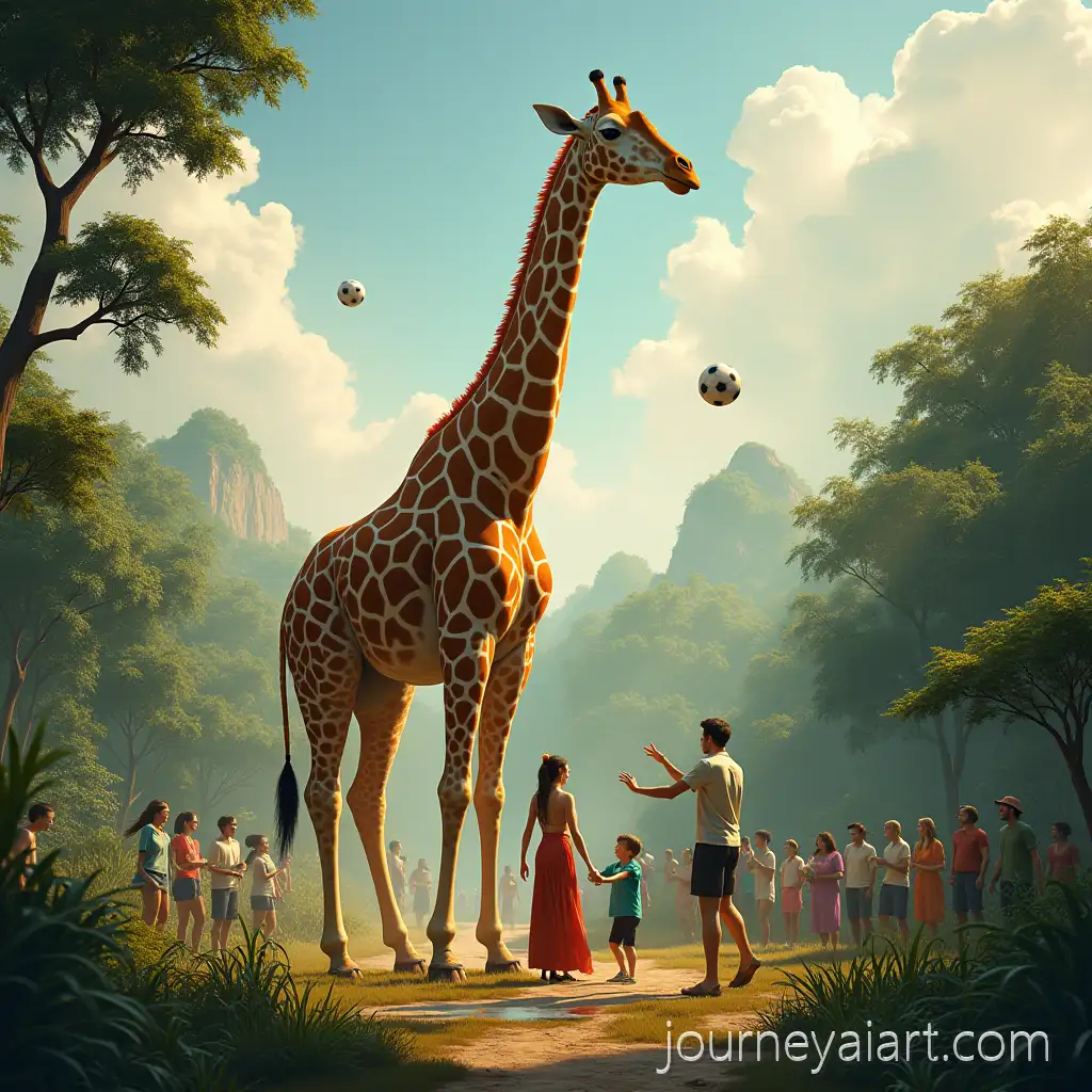 Birds-Eye-View-of-a-Vibrant-Jungle-Scene-with-a-Tall-Orange-Giraffe-and-People-in-Action
