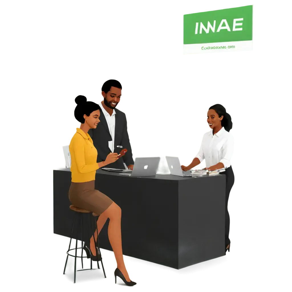 An illustration of a modern consumer service counter with man and woman friendly black/negro attendant assisting customers. The counter is set in a well-lit environment, at a fair stand, with a banner showing 'INAE' and informational brochures on display. Consumers are seen engaging in discussions and filling out forms. Stand predominant color is green, and all the words must be written in portuguese.