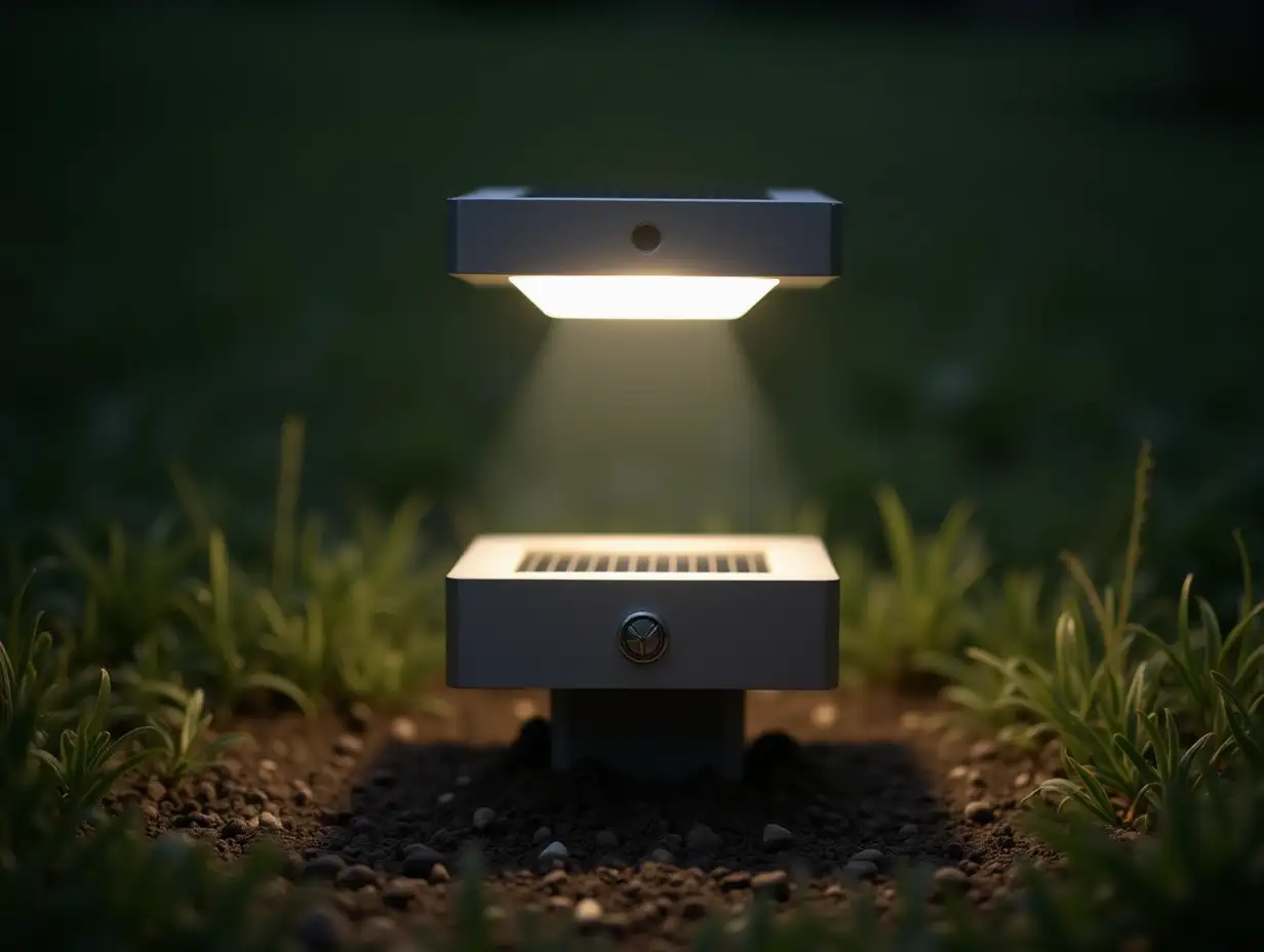 LED garden light, embedded in the ground, the LED light levitates in the air 5 centimeters from the ground while the base is embedded in the ground, there is no connection between the light and the base, it is floating, it is square, it looks technological, it uses solar panels to recharge its battery, it uses propellers to recharge the battery with wind energy, it is wireless