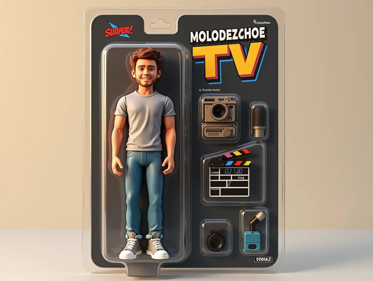 Use this photo of me to create an action figure of myself in a blister pack, in the style like a premium collectible toy. The figure should be standing up and have a relaxed, friendly smile. The blister pack should have a header with the text ‘[MOLODEZHNOE TV]’ in large letters and a subheading of ‘[SUPER]’ below it. Include accessories in compartments to the side of the figure: [Camera, microphone, movie clapper].