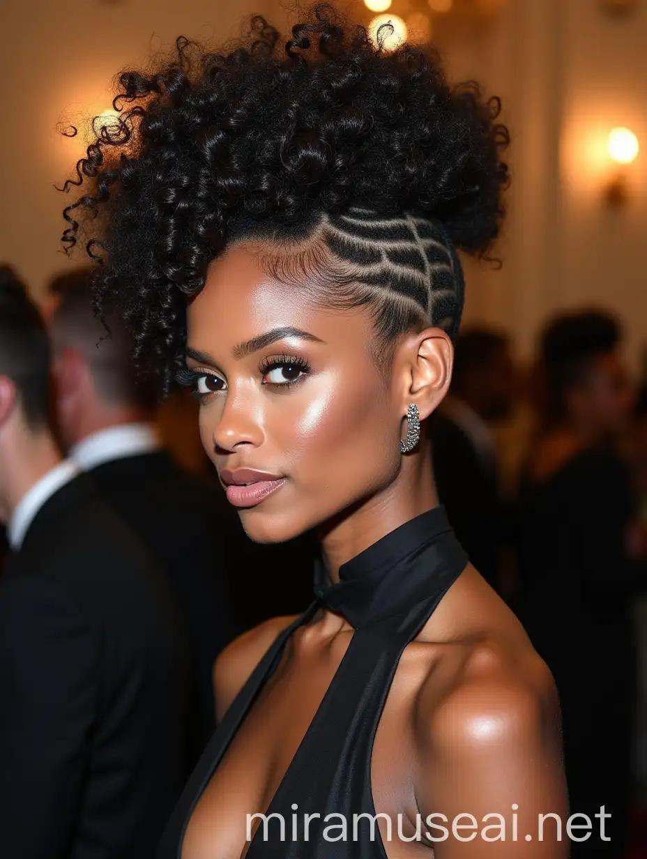 Elegant Woman with Curled Faux Hawk Hairstyle at Fashion Gala