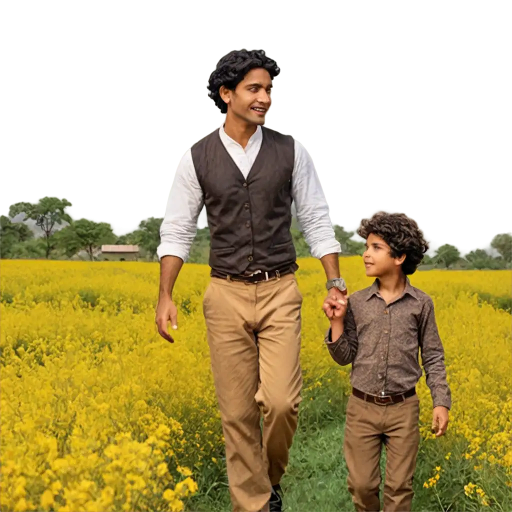 Vintage-PNG-Image-of-a-Rajasthani-Farmer-and-His-Son-in-Mustard-Fields-Traditional-Indian-Rural-Landscape