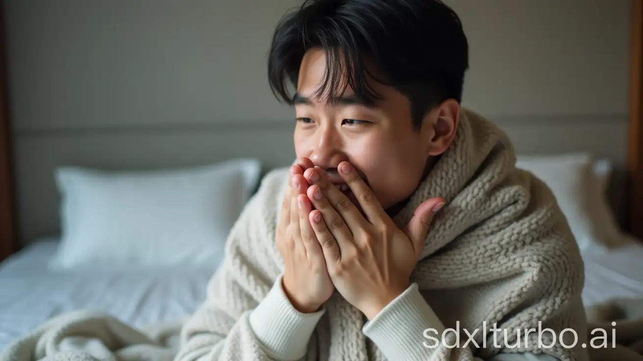 Asian-Man-Shivering-in-Cold-Wrapping-Himself-in-Blanket-on-Bed