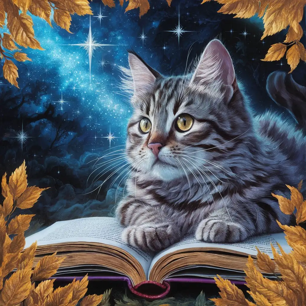 Vibrant Cat Gazing at a Starry Night Sky