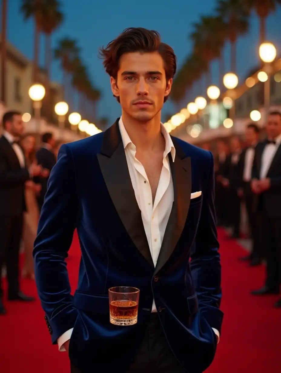 Handsome-Young-Model-in-Velvet-Tuxedo-on-Red-Carpet-with-Hollywood-Backdrop