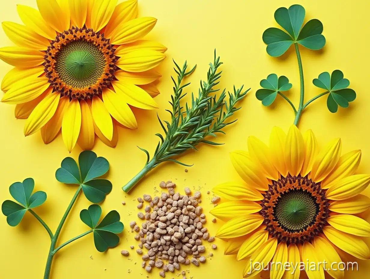 SunflowersSunflowers-and-herbs-arrangement-Thyme-Clover-Barley-and-Cumin-in-a-Natural-Garden-Scene