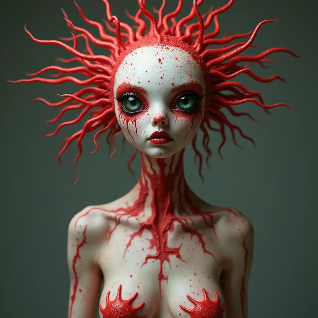 Alien woman red white skin with wise spots legs beset porcupine hair