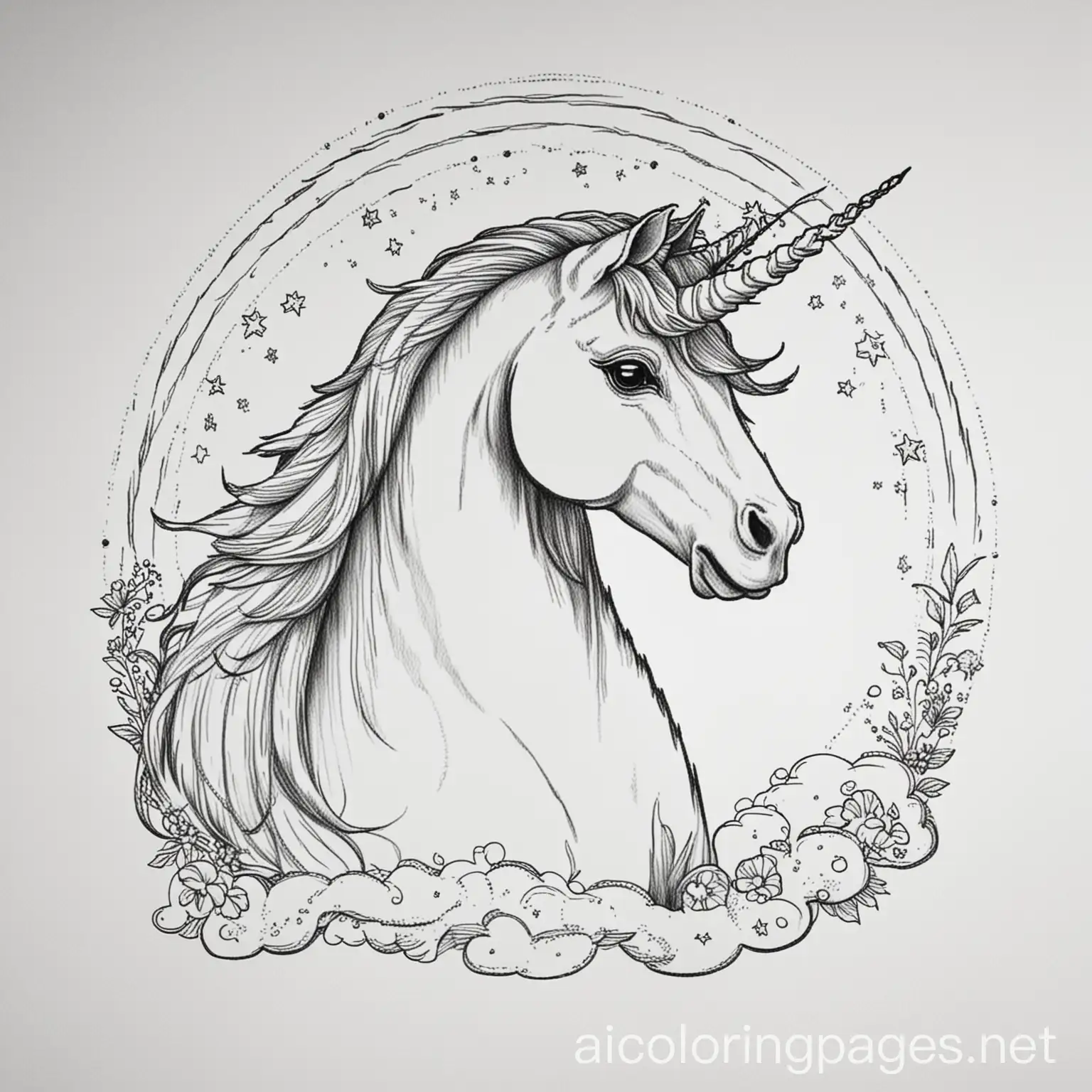 unicorn and rainbow, Coloring Page, black and white, line art, white background, Simplicity, Ample White Space. The background of the coloring page is plain white to make it easy for young children to color within the lines. The outlines of all the subjects are easy to distinguish, making it simple for kids to color without too much difficulty