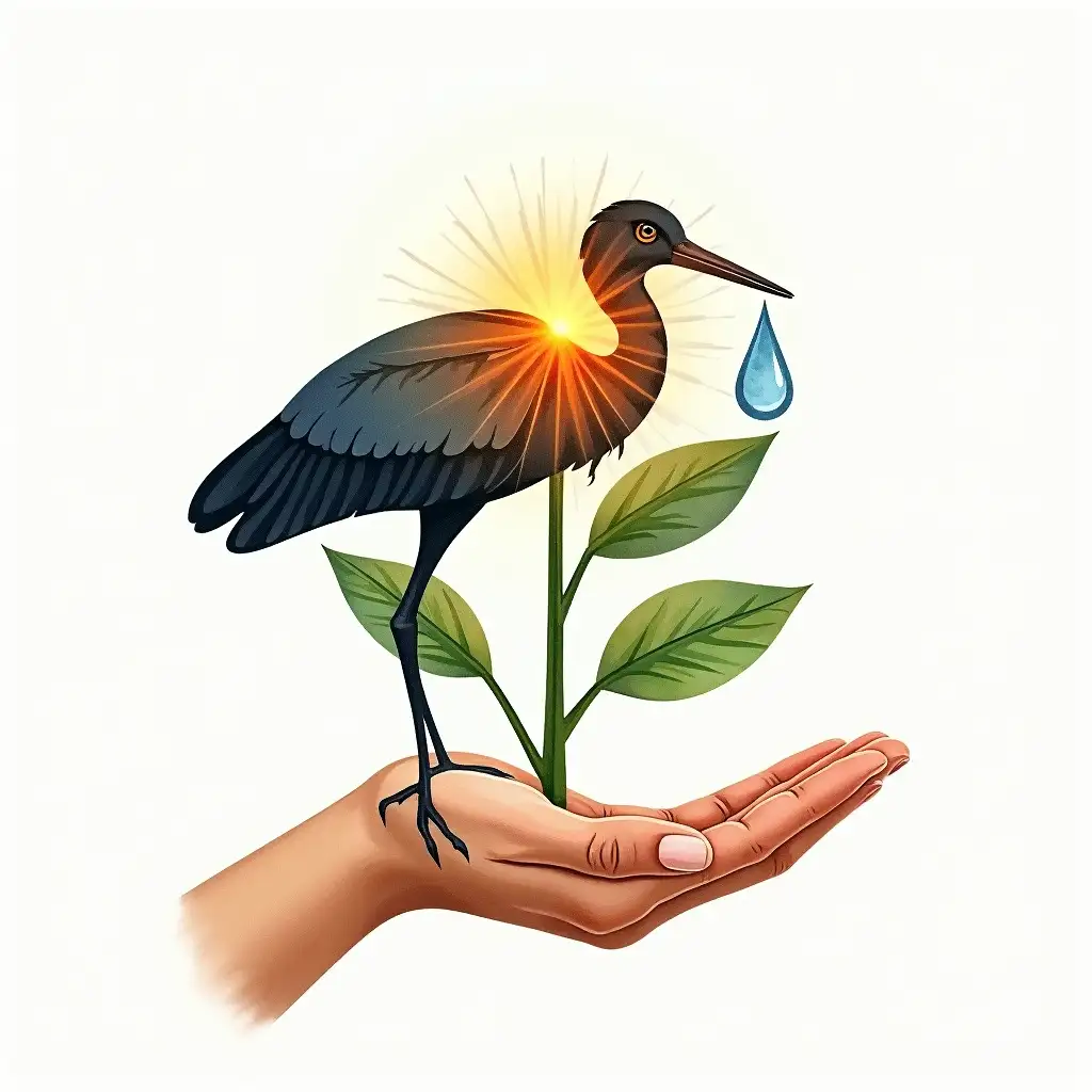 a logo or (watercolor image) for nature protection, the design of which will reflect a bison, a plant, a flower, a drop of water in the image of a black stork. The logo should be bright and dynamic, symbolizing the flexibility of a growing tree. It is depicted above the open palms. palms match the color scheme of the logo