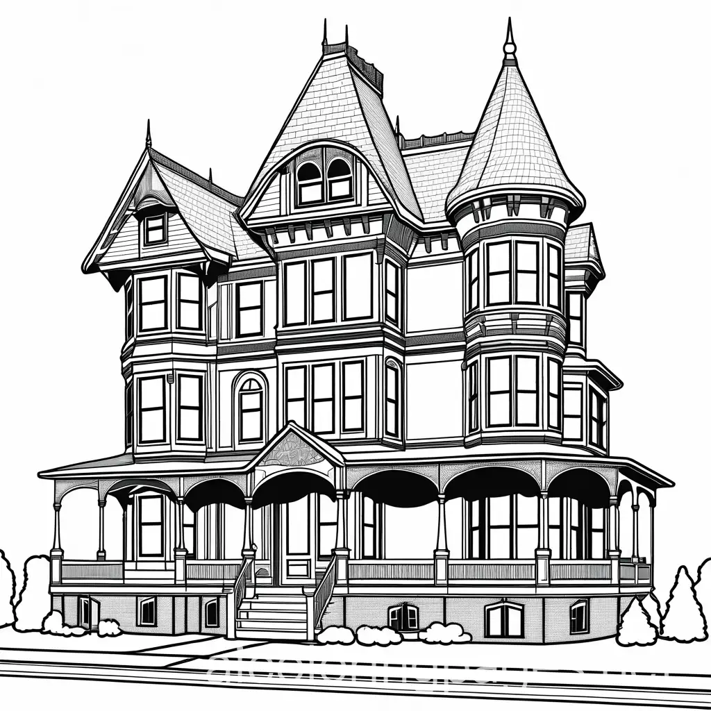 Victorian-House-Coloring-Page-Black-and-White-Line-Art