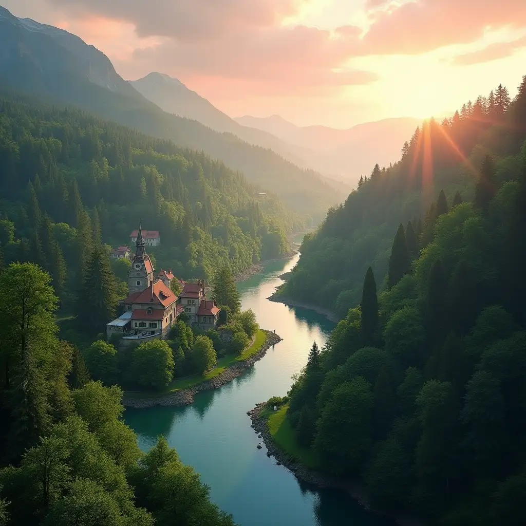 a real photo of the highest quality sony with a view from a drone on a fairy tale, magical country. The landscape is filled with bright, juicy green, winding rivers and glittering lakes. Enchanted forests with high, mysterious trees surround charming, whimsical houses. The sky is painted in soft pastel shades of pink and orange because the sun is beginning to set, flooding the whole scene with warm, golden light. This breathtaking view, reminiscent of a fantasy, conveys the essence of a fairy tale country where imagination comes alive.