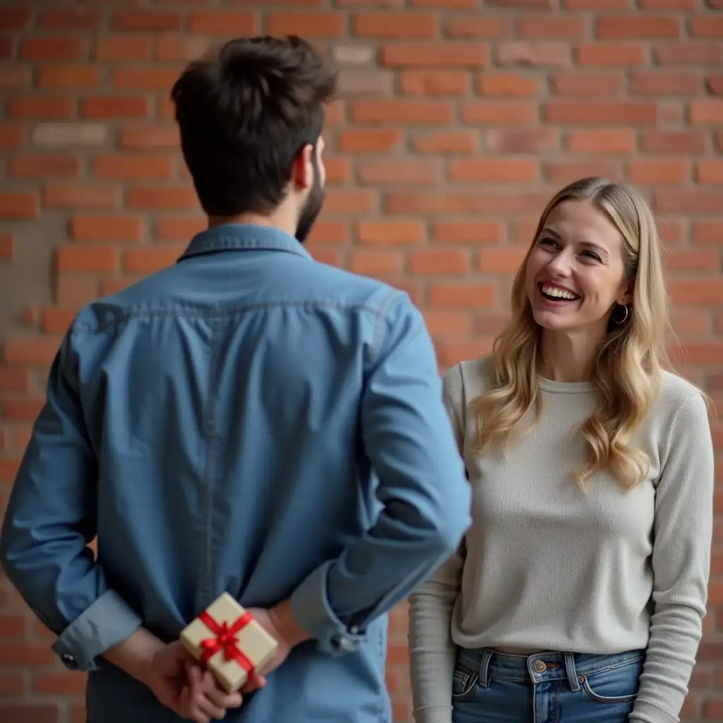 Man-Holding-Hidden-Gift-Behind-His-Back-Surprises-Woman-Outdoors