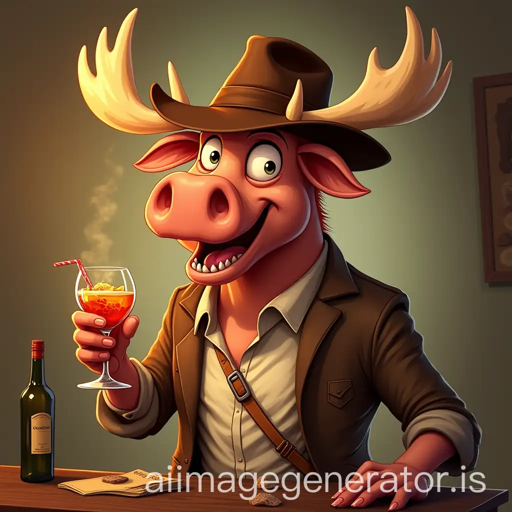 cartoon MoosePig Hybrid in cocktail party as Indiana Jones