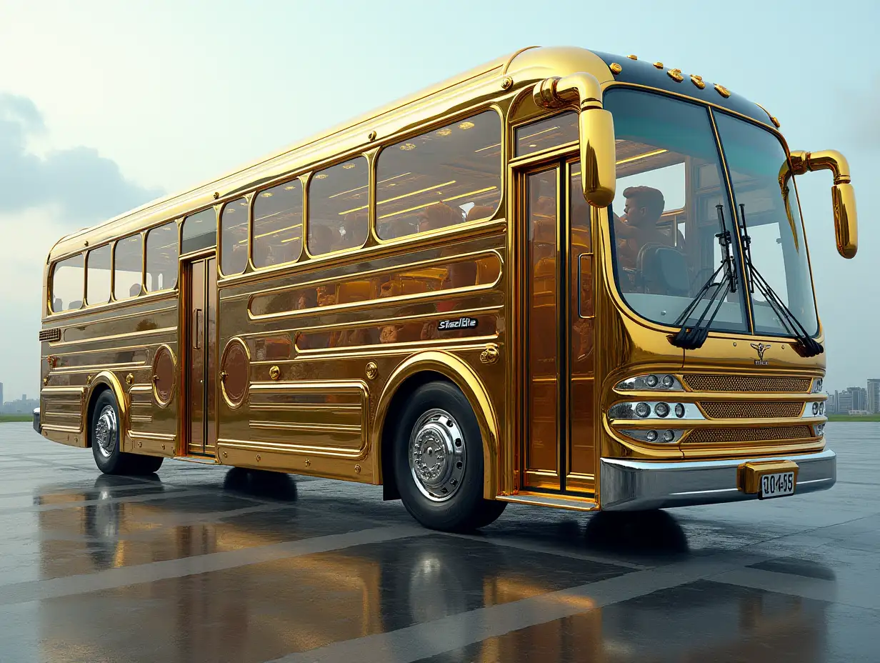 A super modern bus with a ten-story high gold and silver building with chrome wheels Cyberpunk