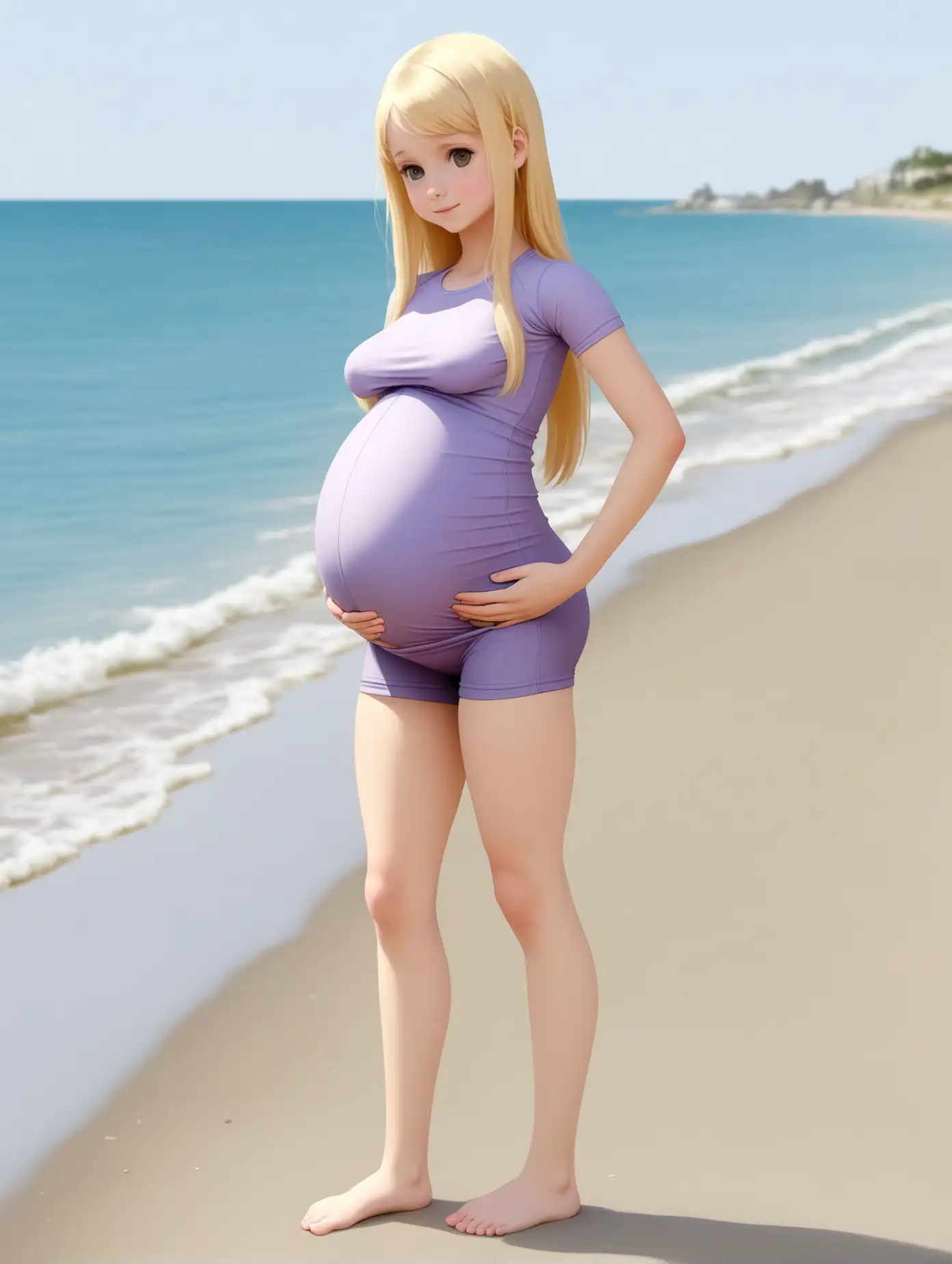 Adorable-Pregnant-Girl-with-Long-Blonde-Hair-at-Beach