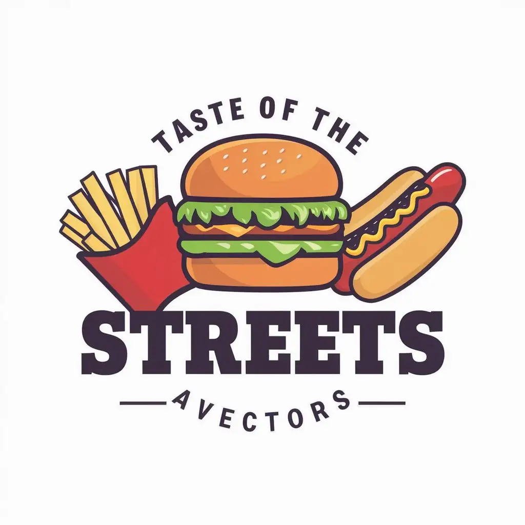 a vector logo design,with the text "Taste of the streets", main symbol:Juicy burger hot hot dog appetizing fries,Moderate,clear background