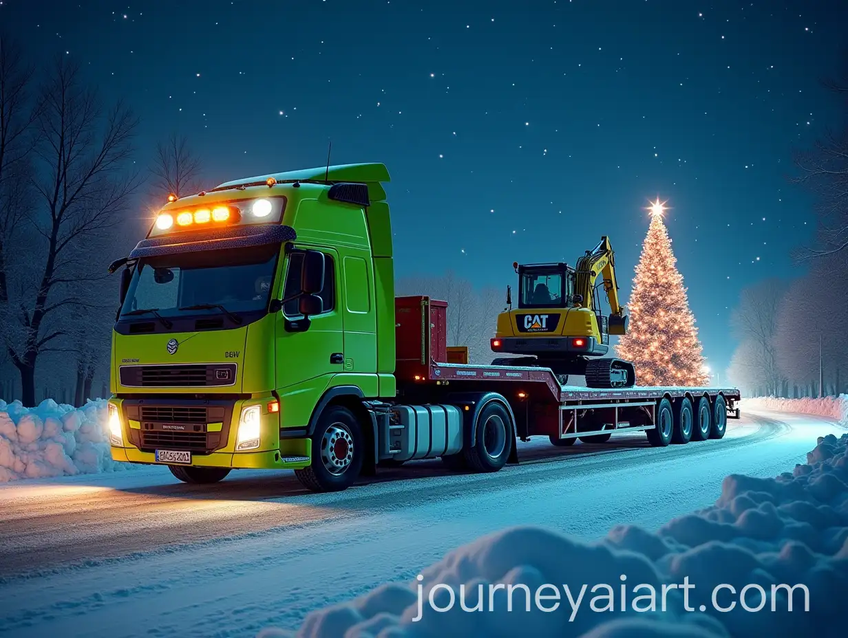 Winter-Night-Road-Transporting-Excavator-Medicines-and-Gifts-with-Christmas-Tree-and-Fireworks
