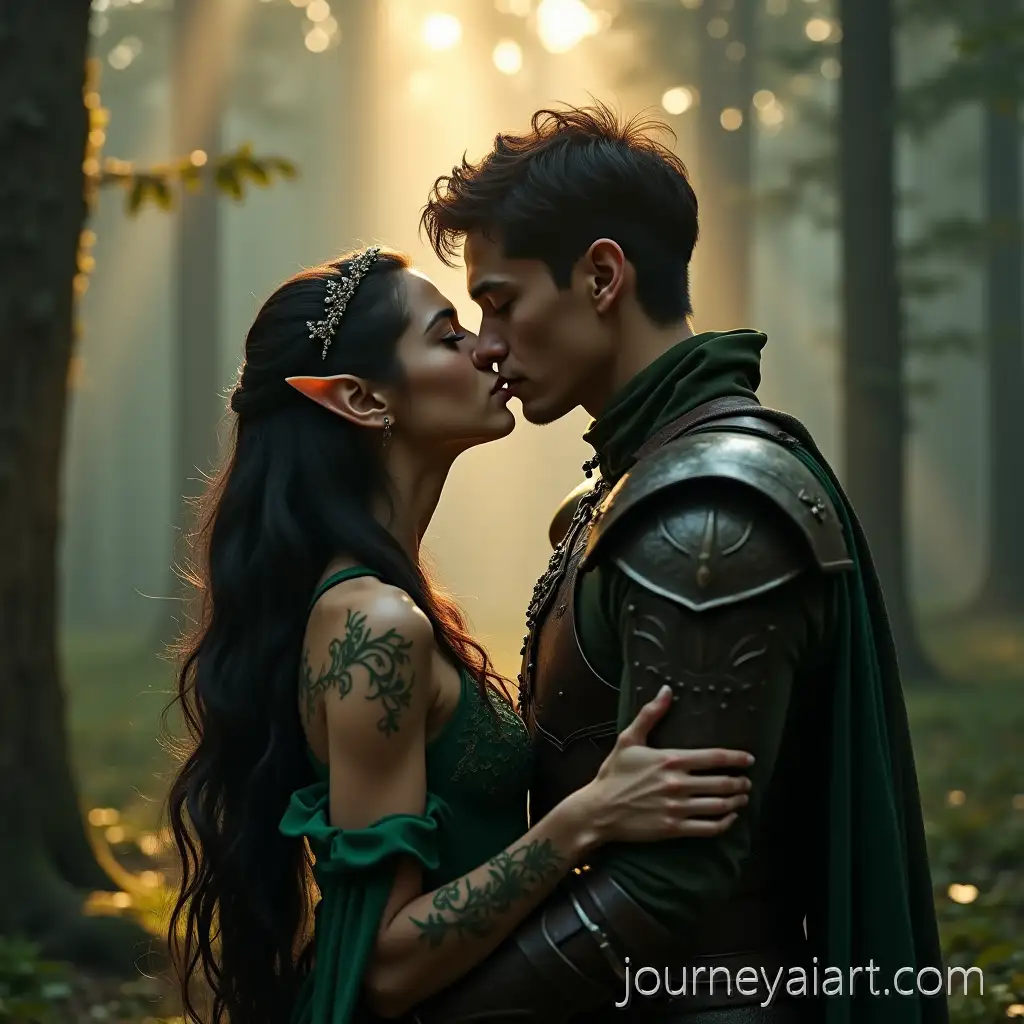 Elven-Lovers-KElven-Lovers-in-Forestissing-in-Misty-Enchanted-Forest-at-Dawn