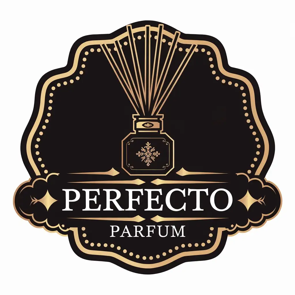 a vector logo design,with the text "Perfecto Parfum", main symbol:Scent diffuser stick, black color with golden details,Moderate,be used in Home Family industry,clear background